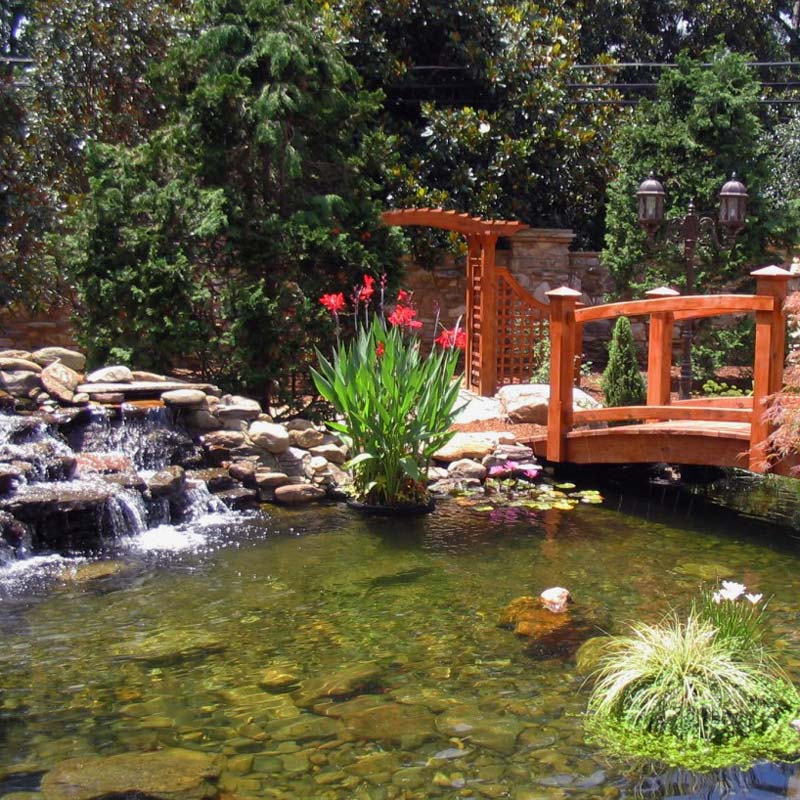 Rock pond and bridge in backyard in Charlotte installed by Benton Outdoor Living