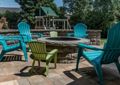 Backyard Fire Pit with Playground in grassy area in backyard