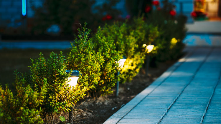 landscape lighting idea illustrated by a photo of Paver walkway with low voltage lighting running along the side of it