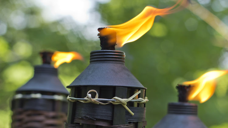 a group of three lit tiki torches in the yard