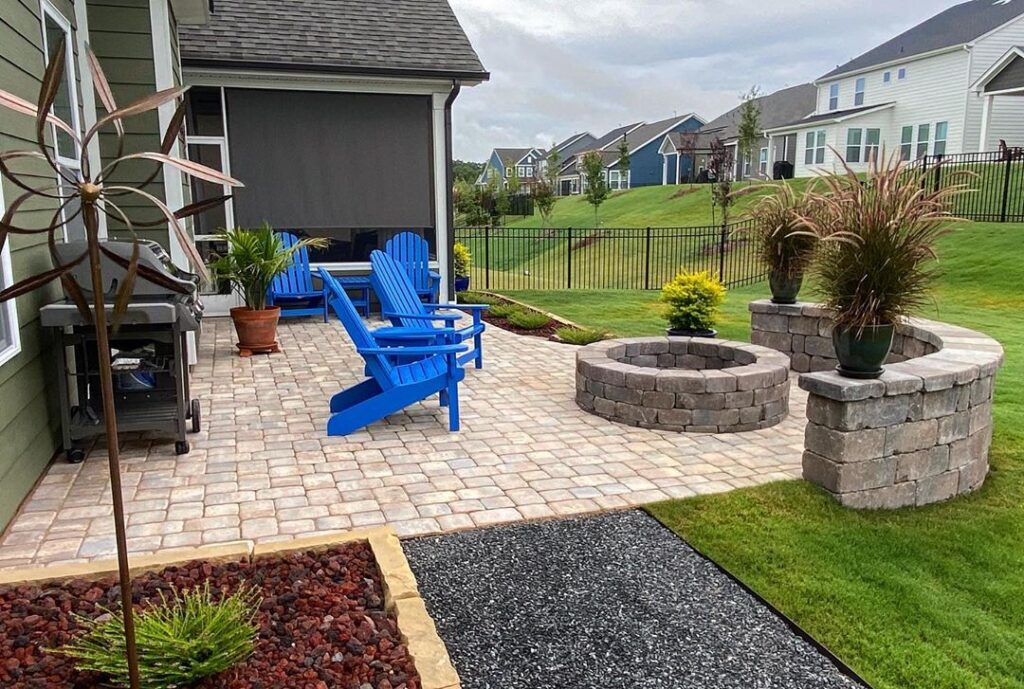 Lake Wylie Patio, fire pit, seating wall, walkway and landscaping