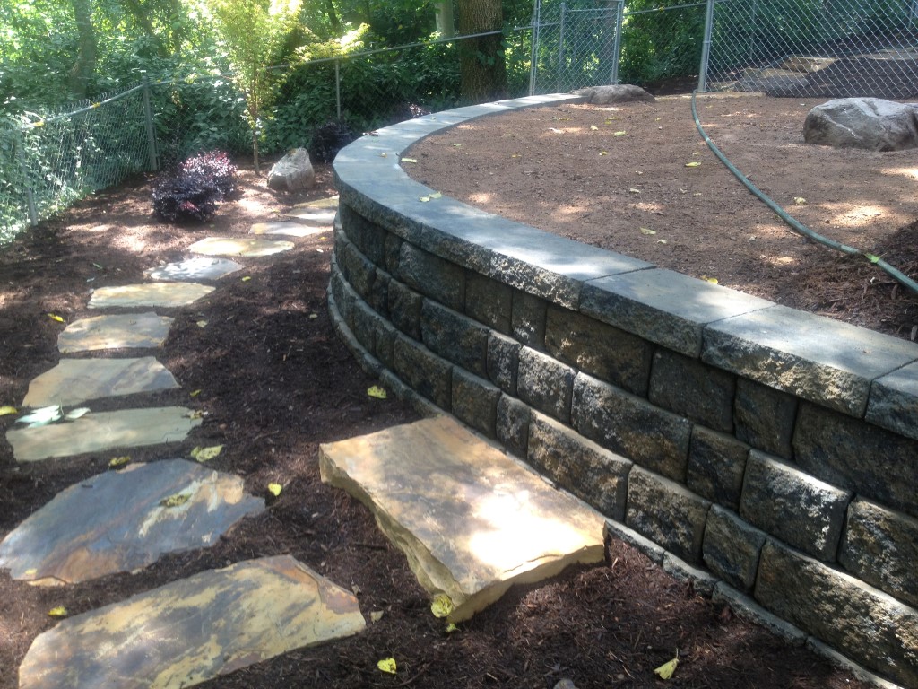 Retaining wall and stepping stones, plus mulch to improve a dog injured backyard in Charlotte, NC